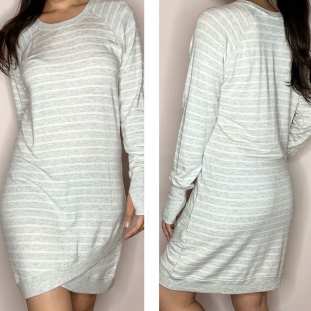 EUC. [Athleta] Grey & White <Criss Cross> Soft Striped + Tulip Hem Dress | Small - Picture 6 of 13